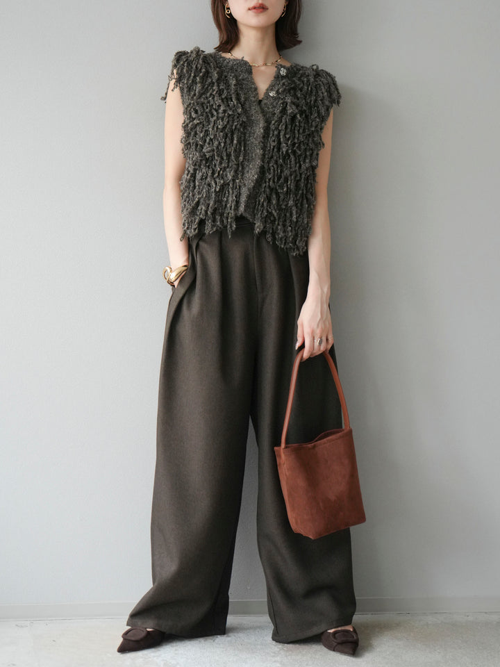 [予約]レザーパイピングタックワイドパンツ/ブラウン