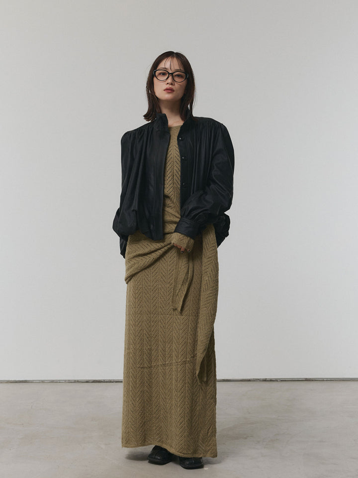 【Allure】[SET]透かし編みニットトップス＆スカート3SET+ベルト付バルーンレザーブルゾン(2set)