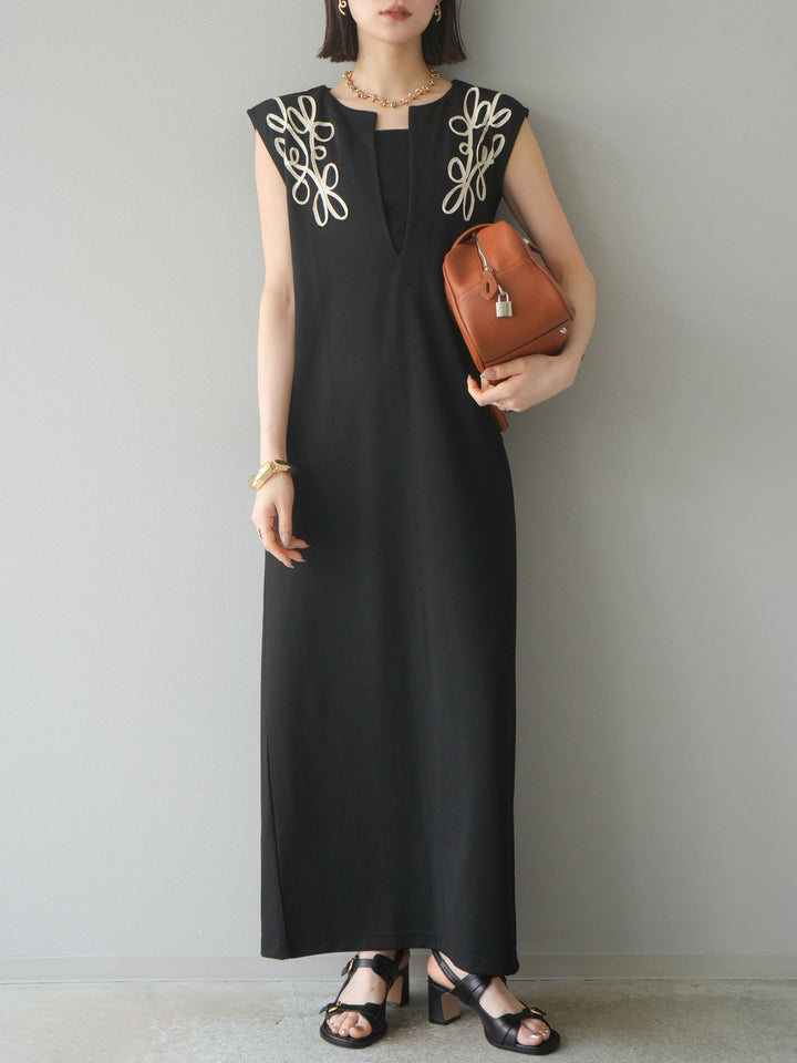 [予約]ライトポンチコード刺繍ワンピース/ブラック
