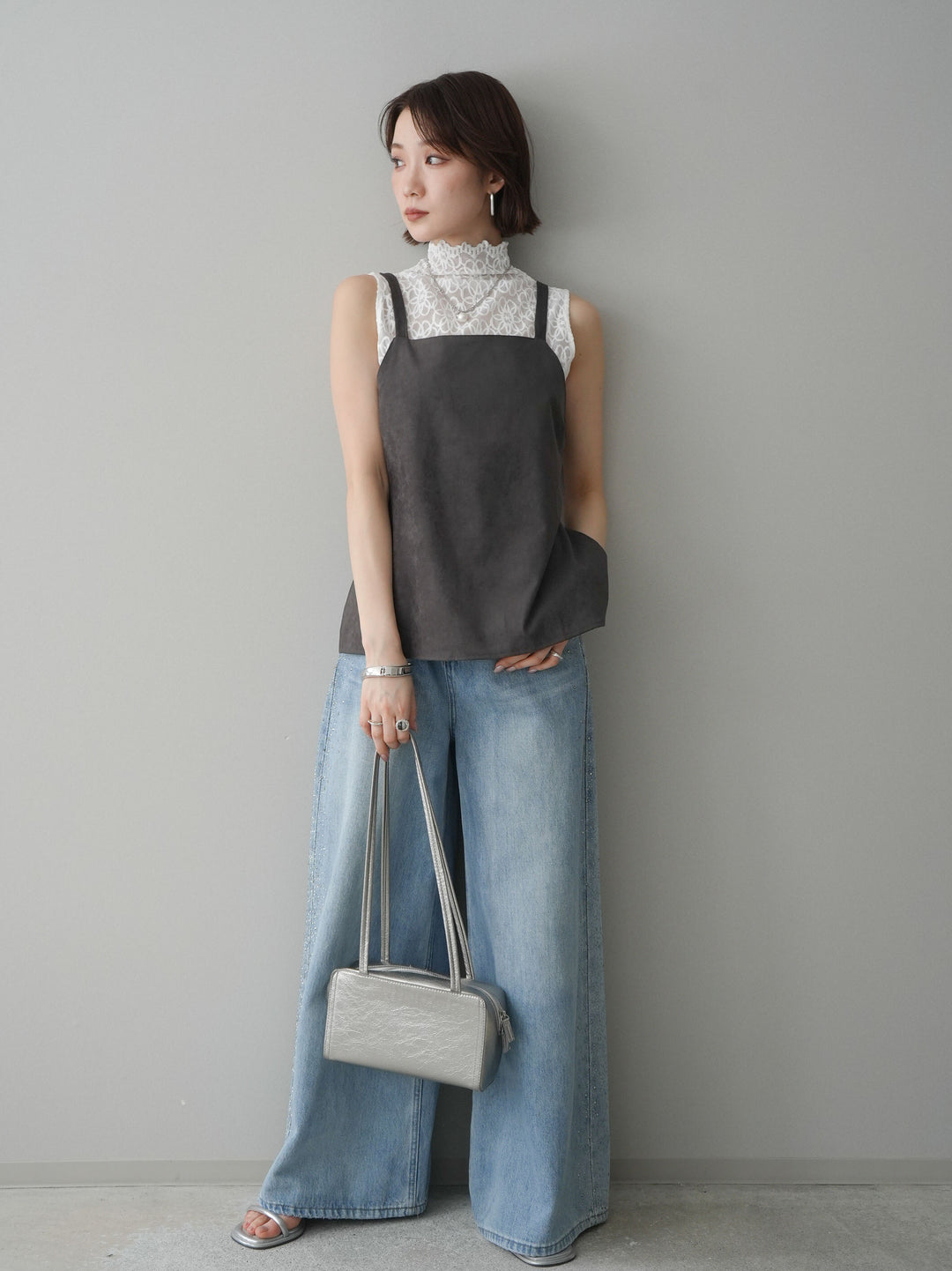 [予約]サイドビジューワイドデニムパンツ/lightblue