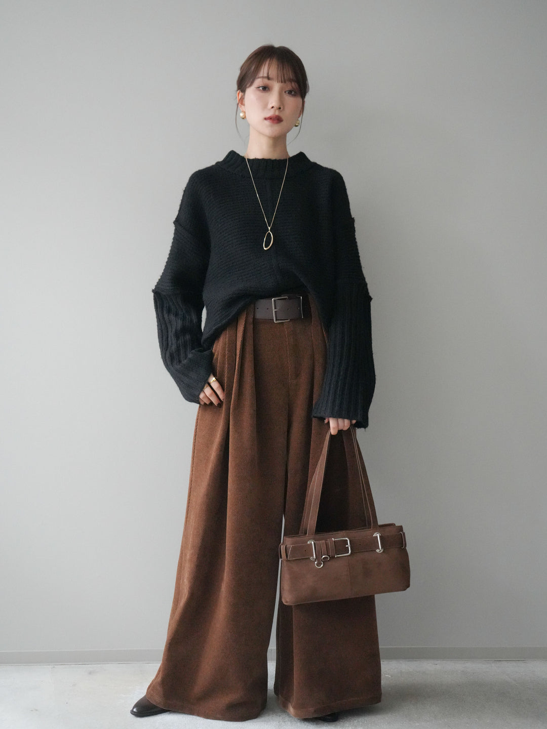 [SET]編み地切替ボトルネックニットプルオーバー+選べるアクセセット(2set)