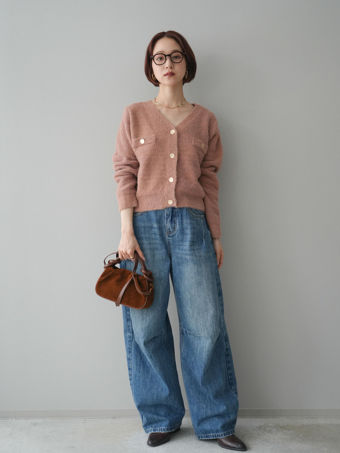 [予約]ゴールドボタンモールニットカーディガン/beige