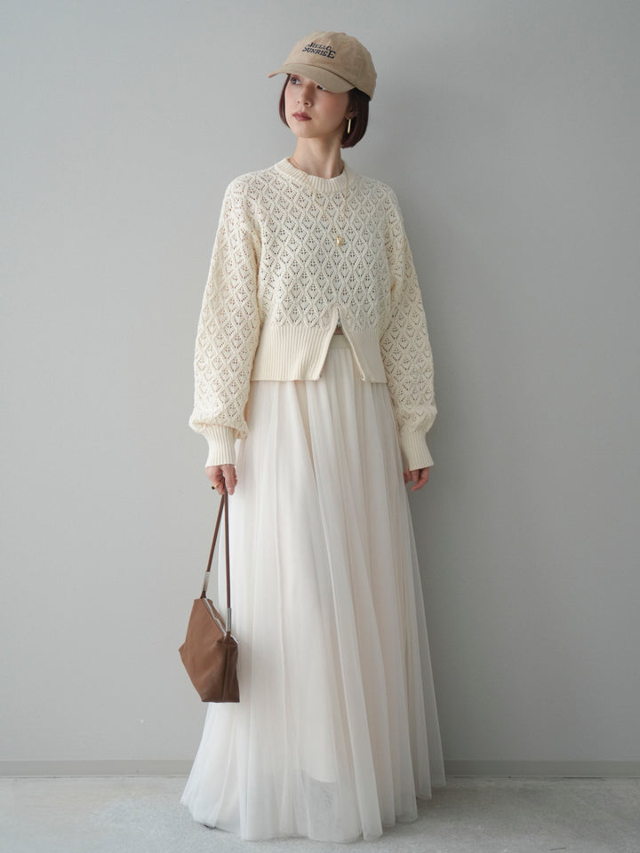 [予約]透かし編みフロントジップスリットニットプルオーバー/ivory