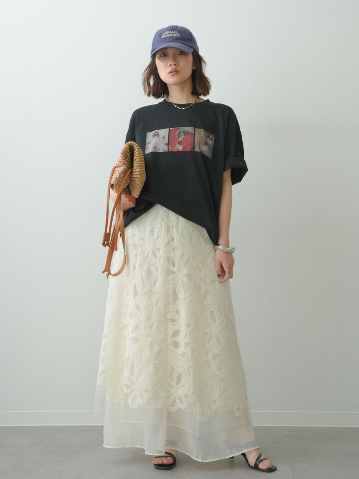 [SET]スリードッグフォトボックスTEE+フラワーレースレイヤードスカート(2set)