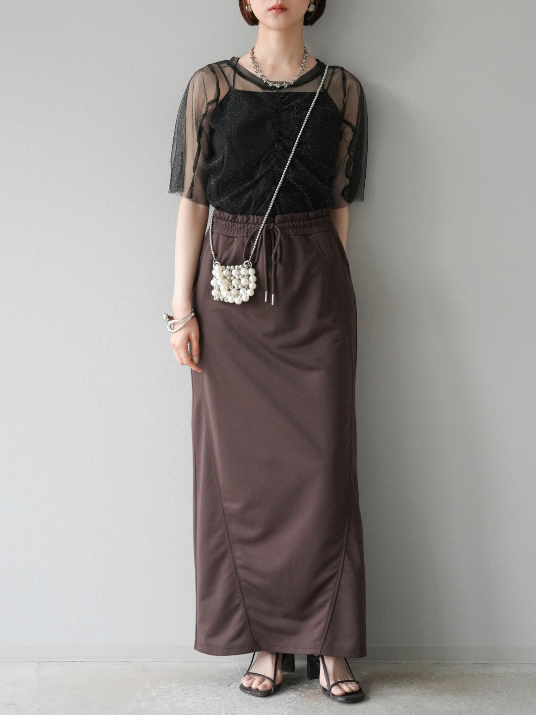 [SET]ラメチュールシャーリングプルオーバー+スウェットロングスカート(2set)