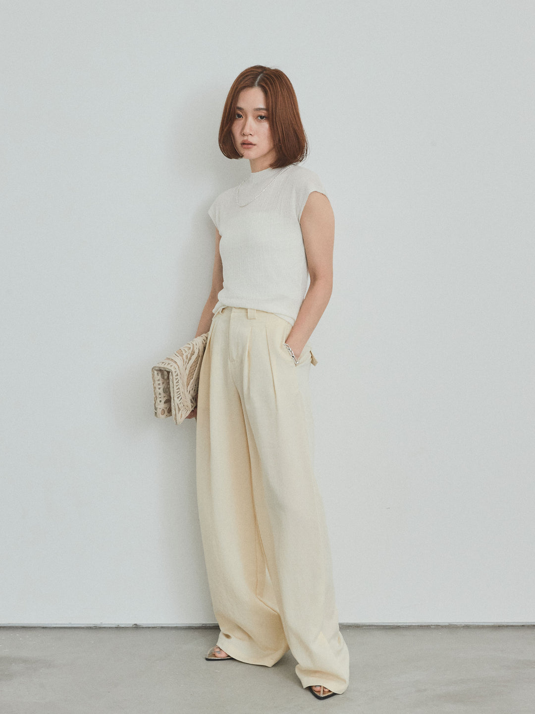 [予約]フレンチスリーブシアーニットトップス/ホワイト