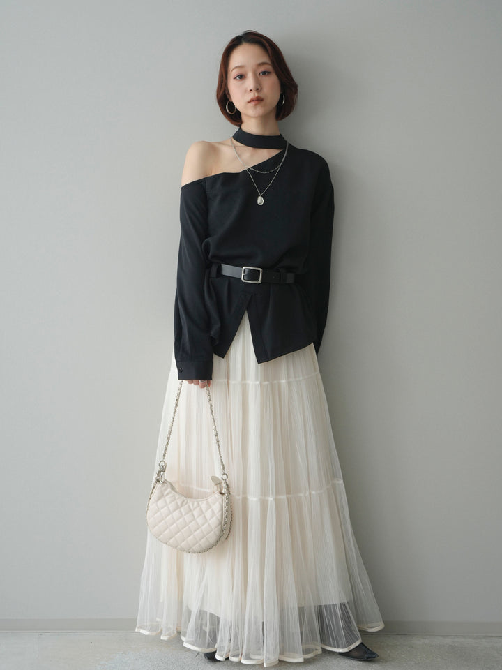 [SET]ベルト付ワンショルダースリットブラウス+ラメプリーツレイヤードチュールロングスカート(2set)