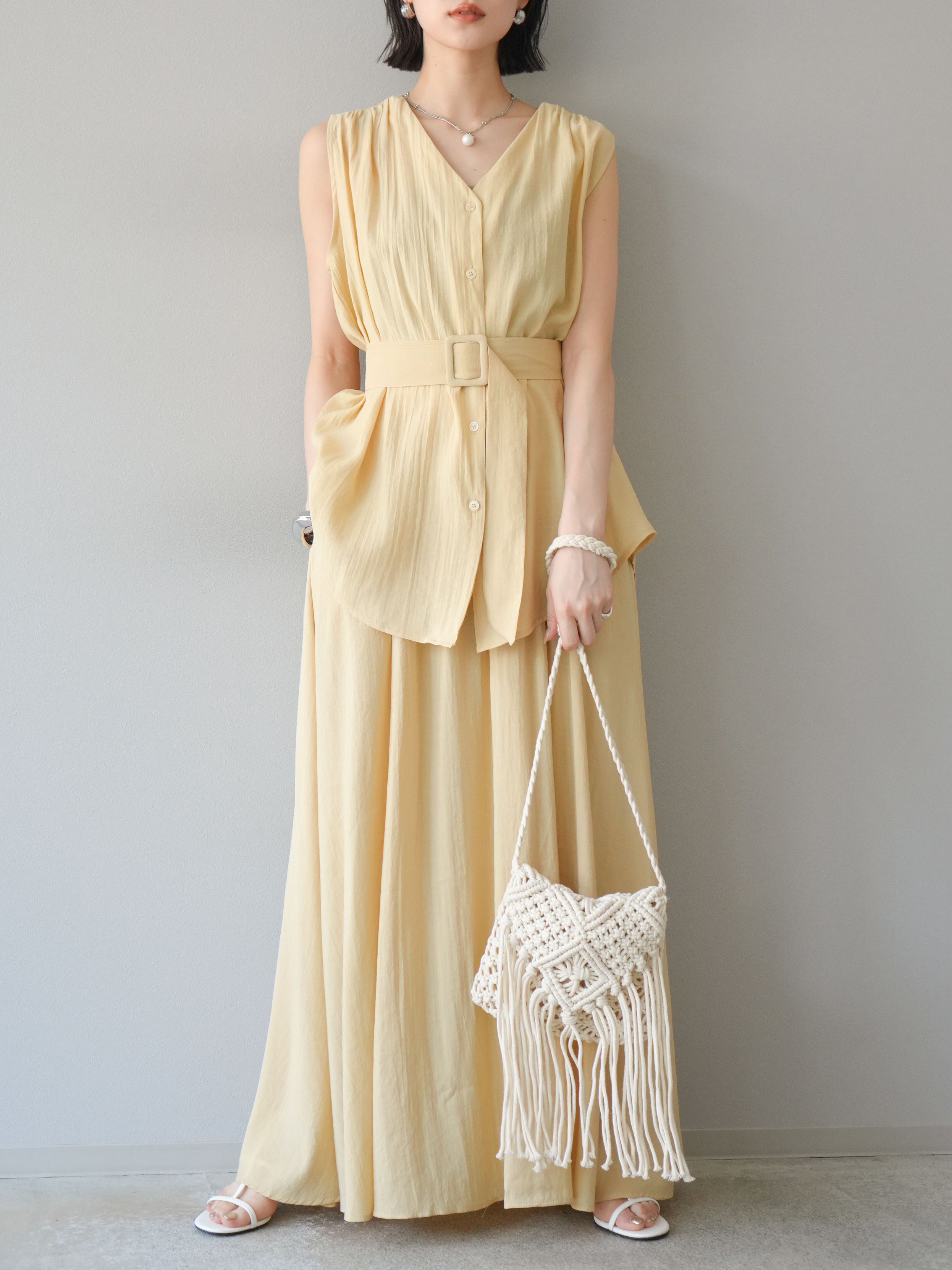 SET]ベルト付タックノースリブラウス＆フレアスカートSET UP(2set