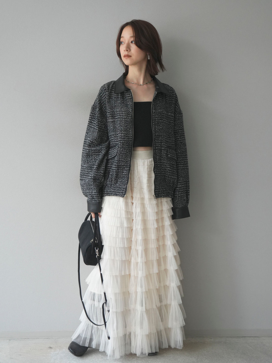 [予約]レザー襟ミックスツイードジャケット/black