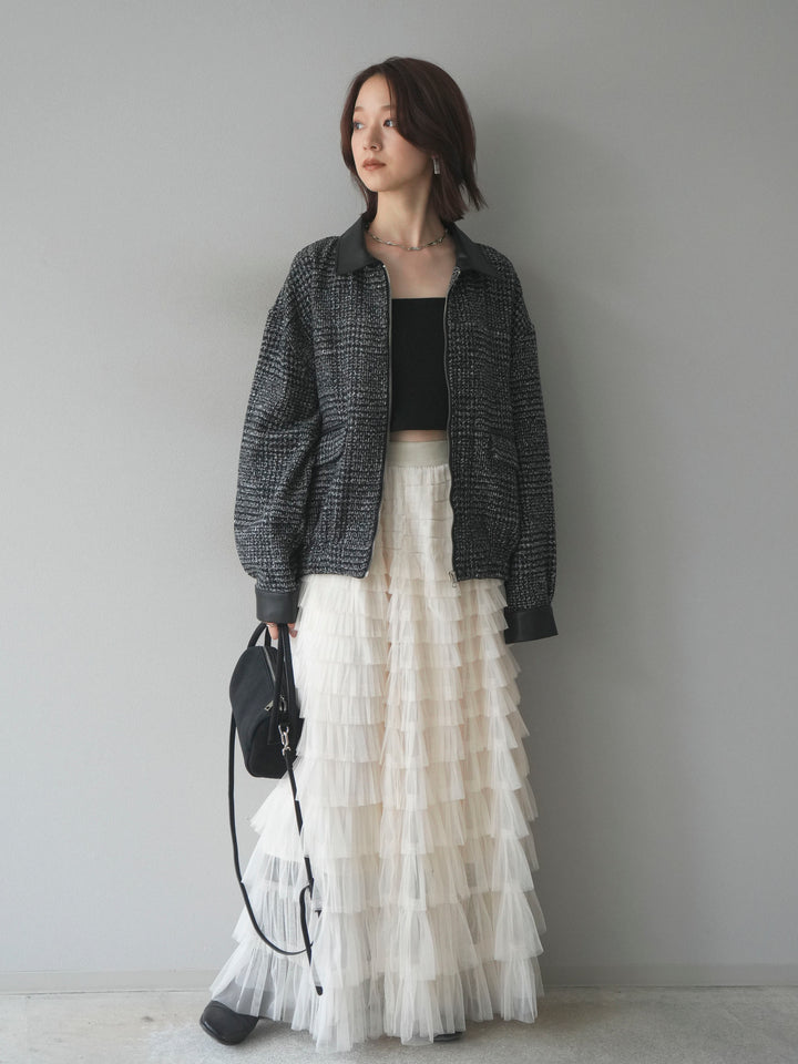 [予約]レザー襟ミックスツイードジャケット/black