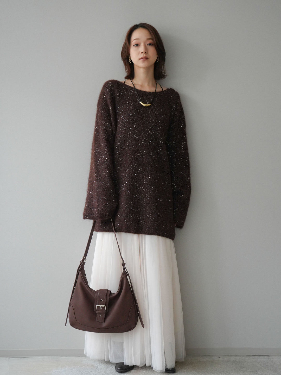 [予約]スパンコールミニシャギーニットチュニック/brown