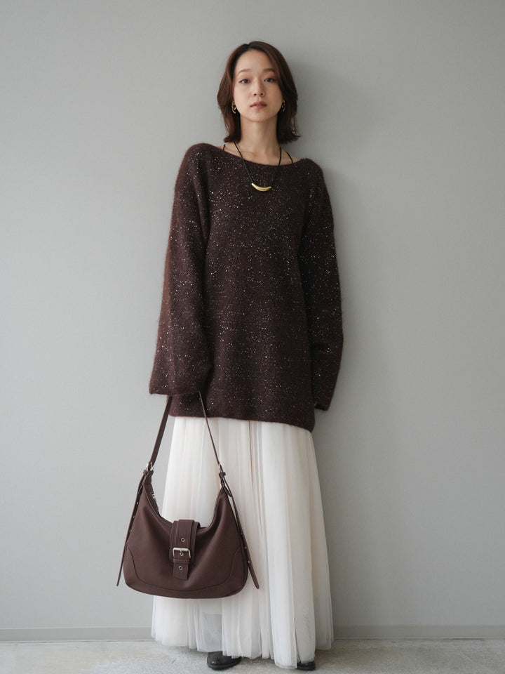 [予約]スパンコールミニシャギーニットチュニック/brown