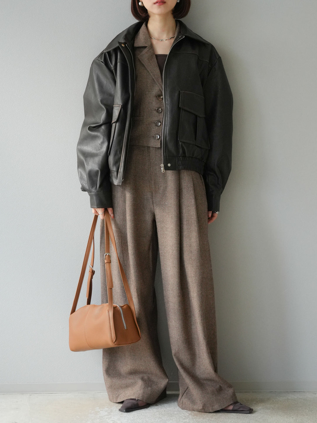 [予約]ツイードタッチタックワイドパンツ/ブラウン