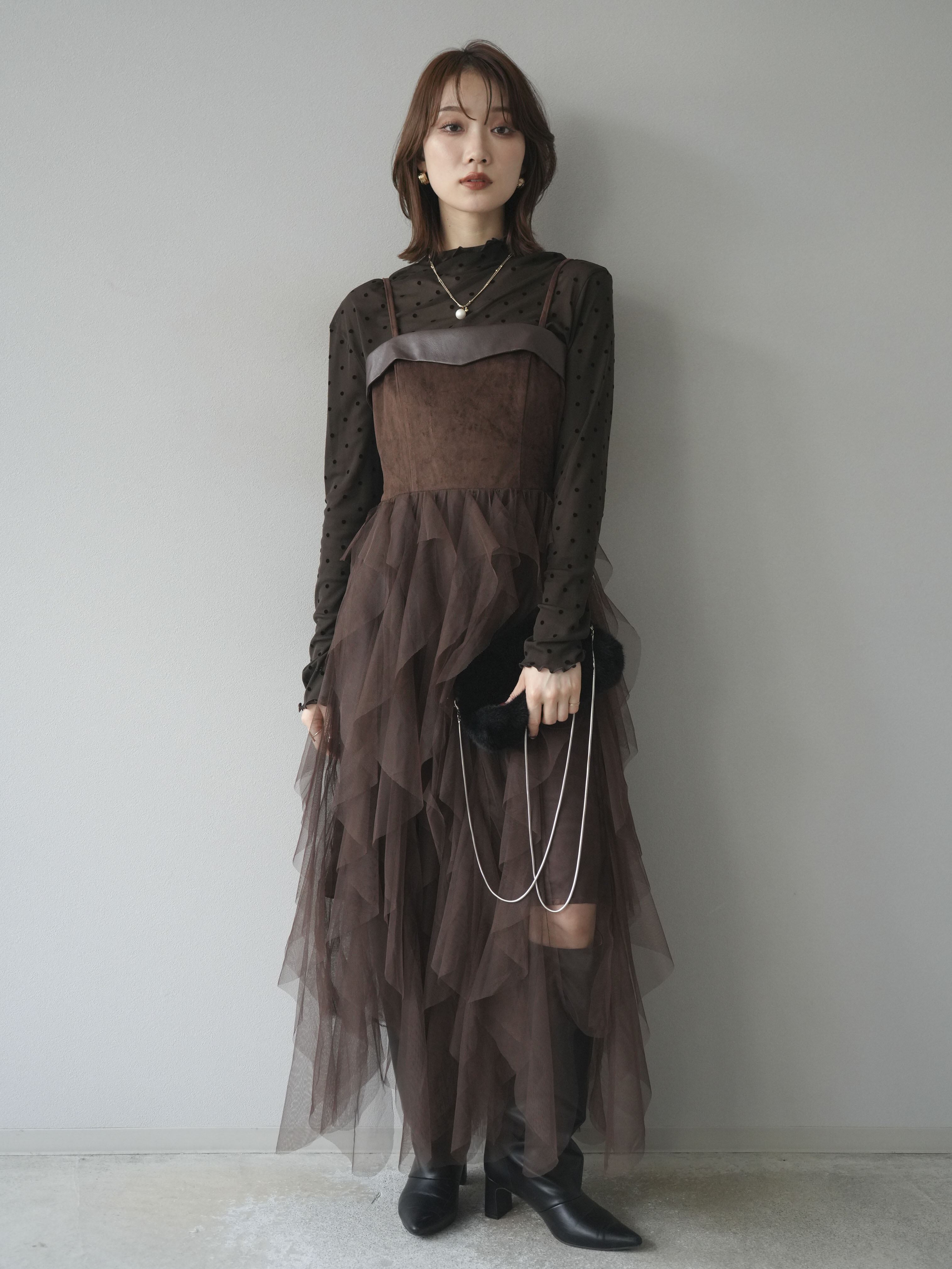 予約]レザー切替チュールラッフルワンピース/brown – Lumier