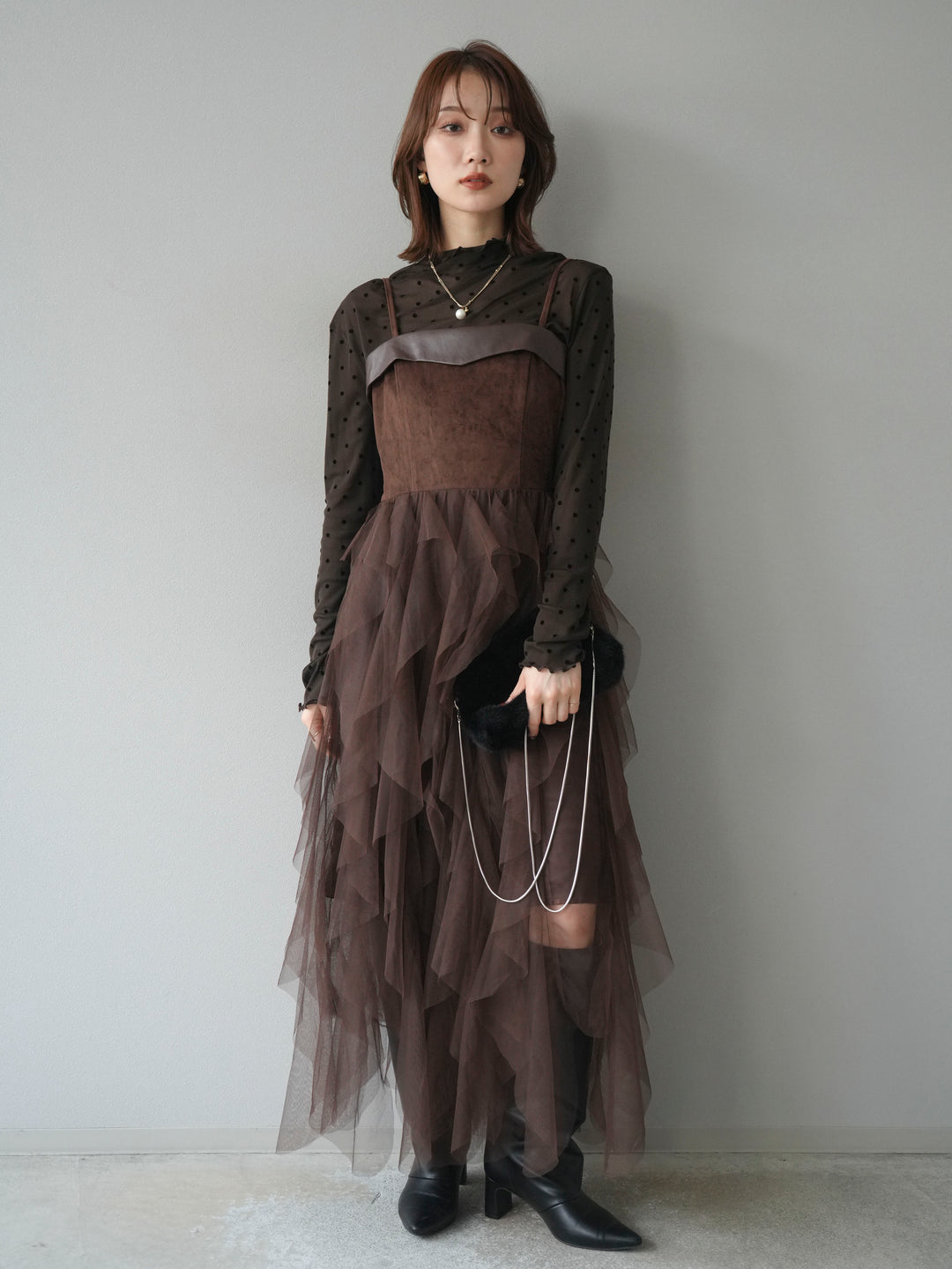 [予約]レザー切替チュールラッフルワンピース/brown