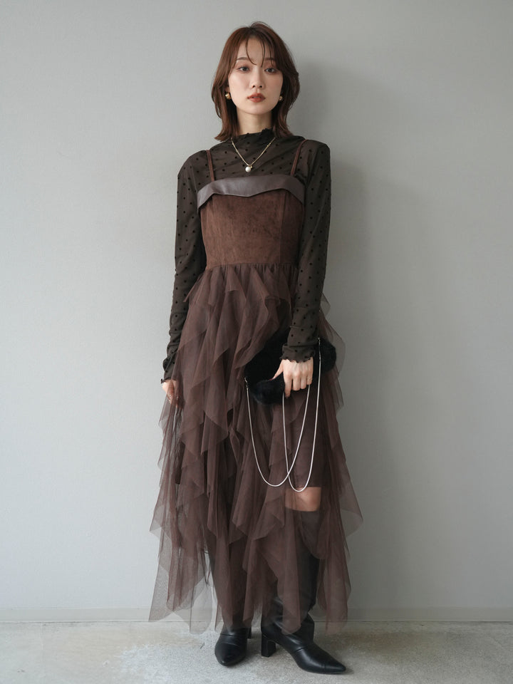 [予約]レザー切替チュールラッフルワンピース/brown