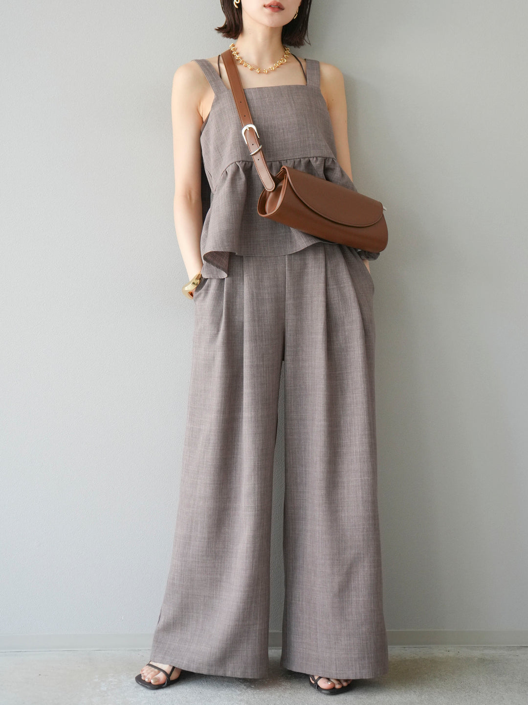 [SET]リネンライクビスチェ+リネンライクイージーワイドパンツ(2set)