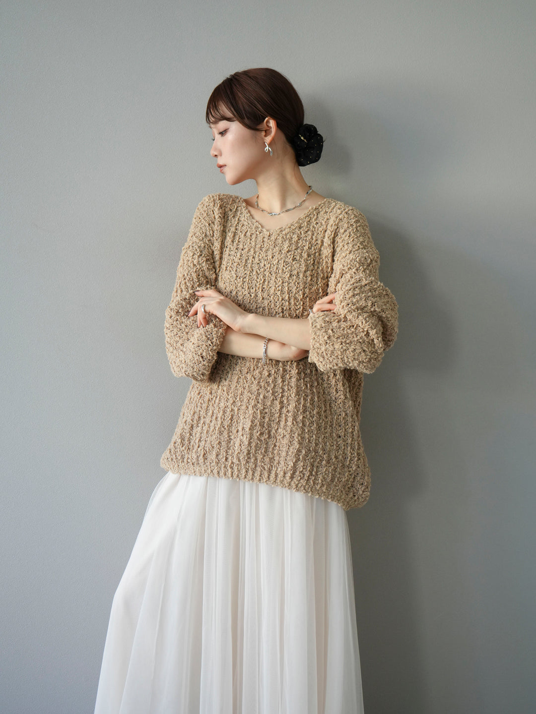 [予約]ポコポコVネックニットプルオーバー/ベージュ