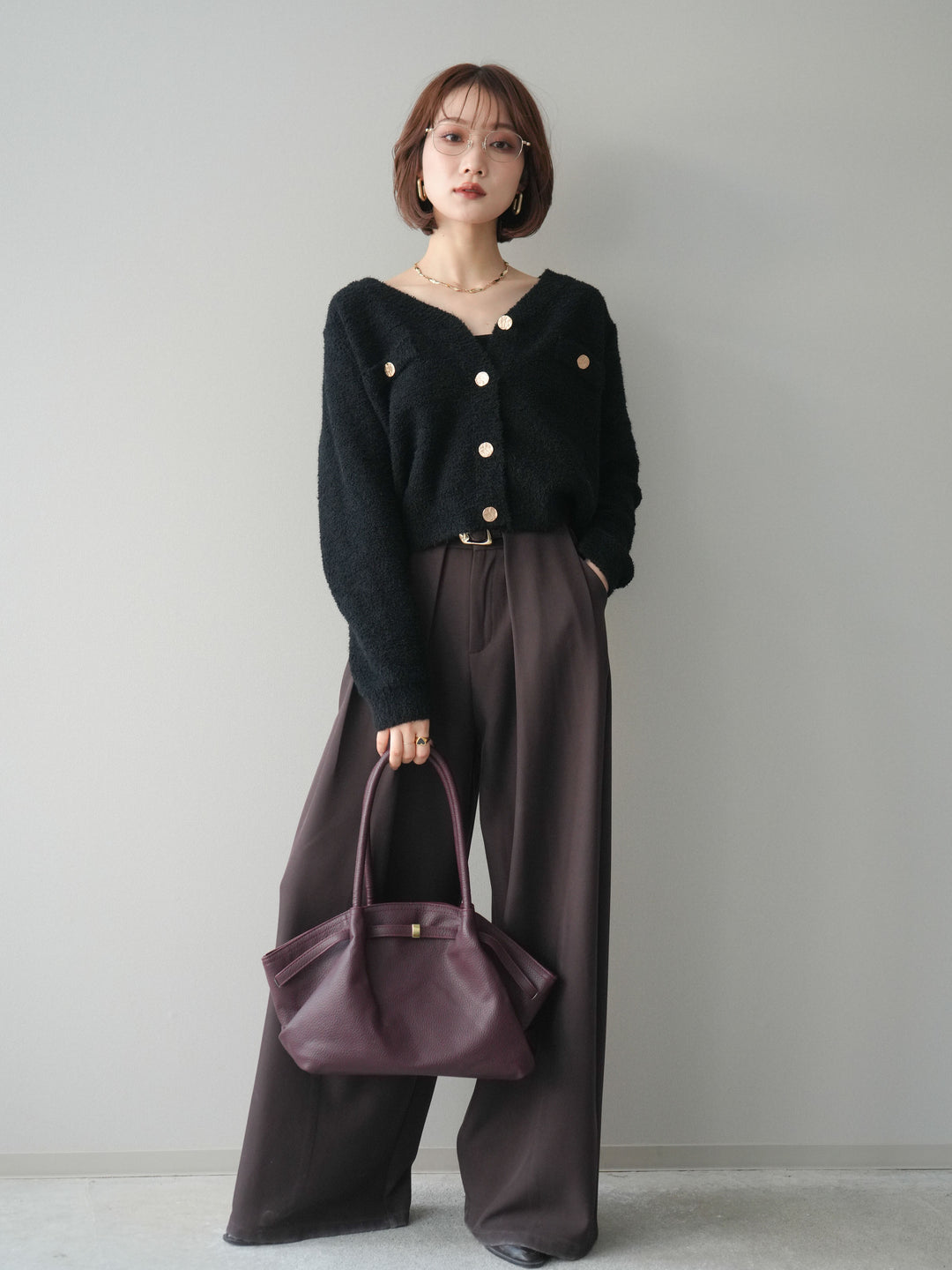 [SET]ゴールドボタンモールニットカーディガン+ベルトループデザインワイドパンツ(2set)