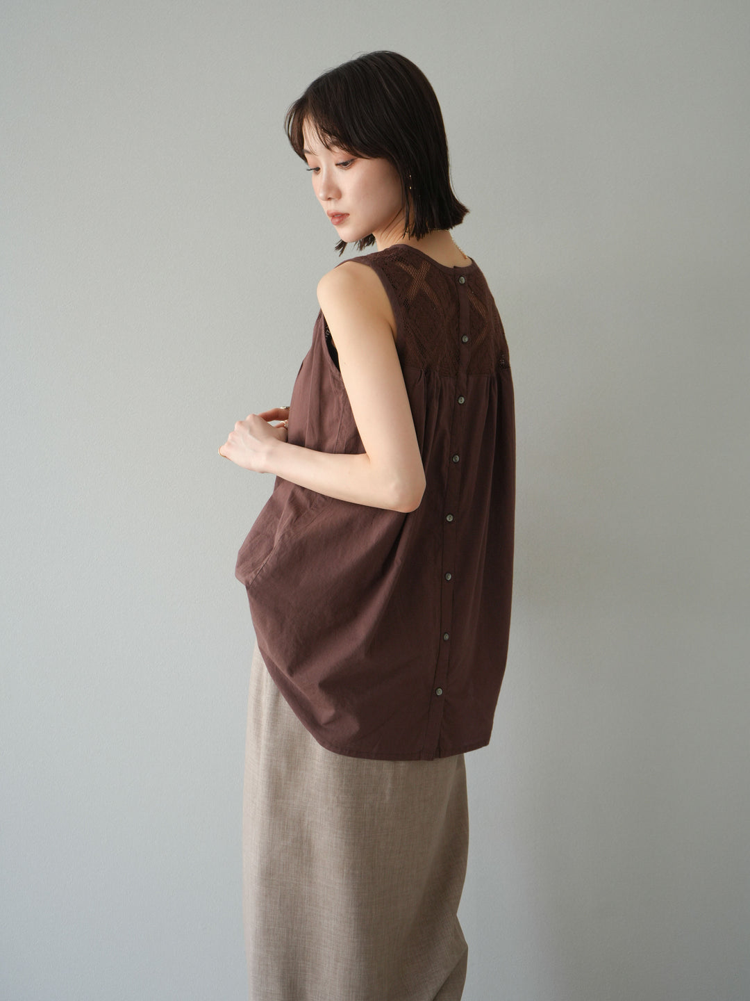 [予約]インド製コットンレース切替ノースリブラウス/ブラウン