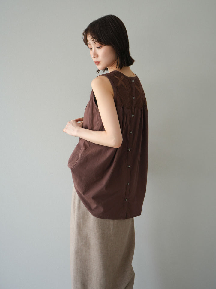 [予約]インド製コットンレース切替ノースリブラウス/ブラウン