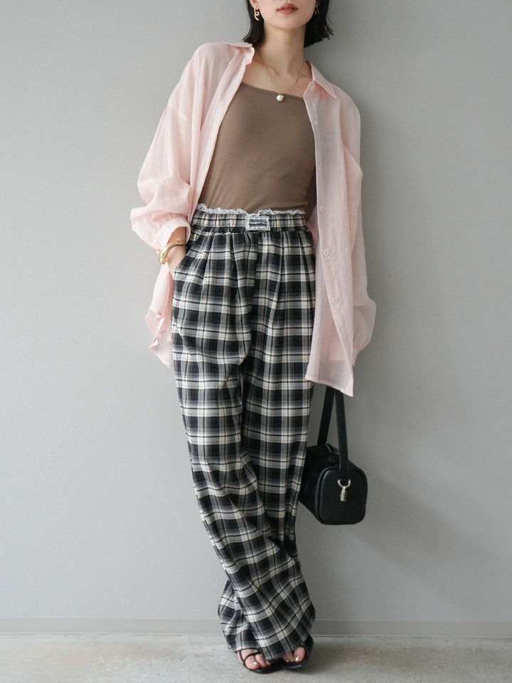 【預購】蕾絲層疊格紋寬褲/黑