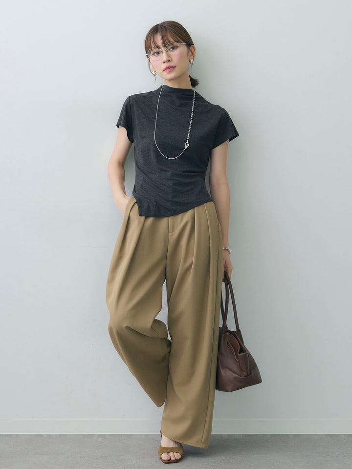 [SET]ヘムアシメバックボタンデザインフレンチトップ+クレープデシンタックワイドパンツ(2set)