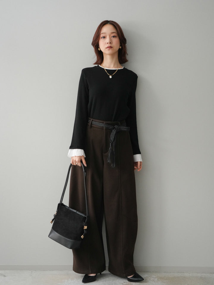 [予約]ベルト付裏起毛センターシームカーブパンツ/brown