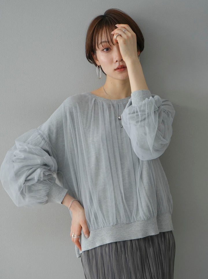 [Pre-order] Tulle layered knit top/gray