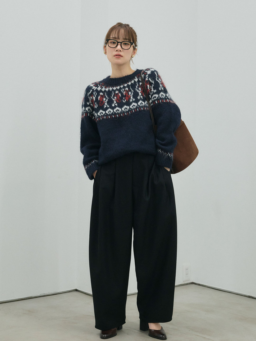 [予約]ノルディック柄モックネックオーバニットプルオーバー/navy