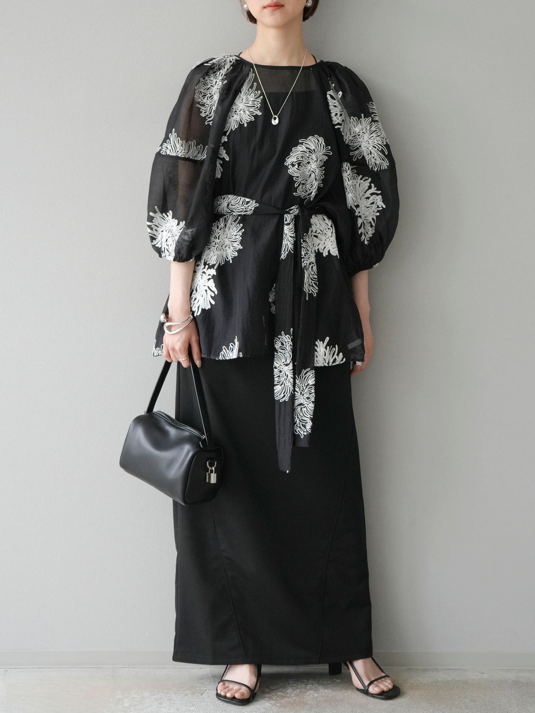 [SET]刺繍シアーバルーンスリーブブラウス+スウェットロングスカート(2set)