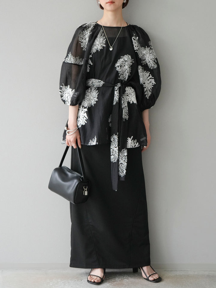 [SET]刺繍シアーバルーンスリーブブラウス+スウェットロングスカート(2set)