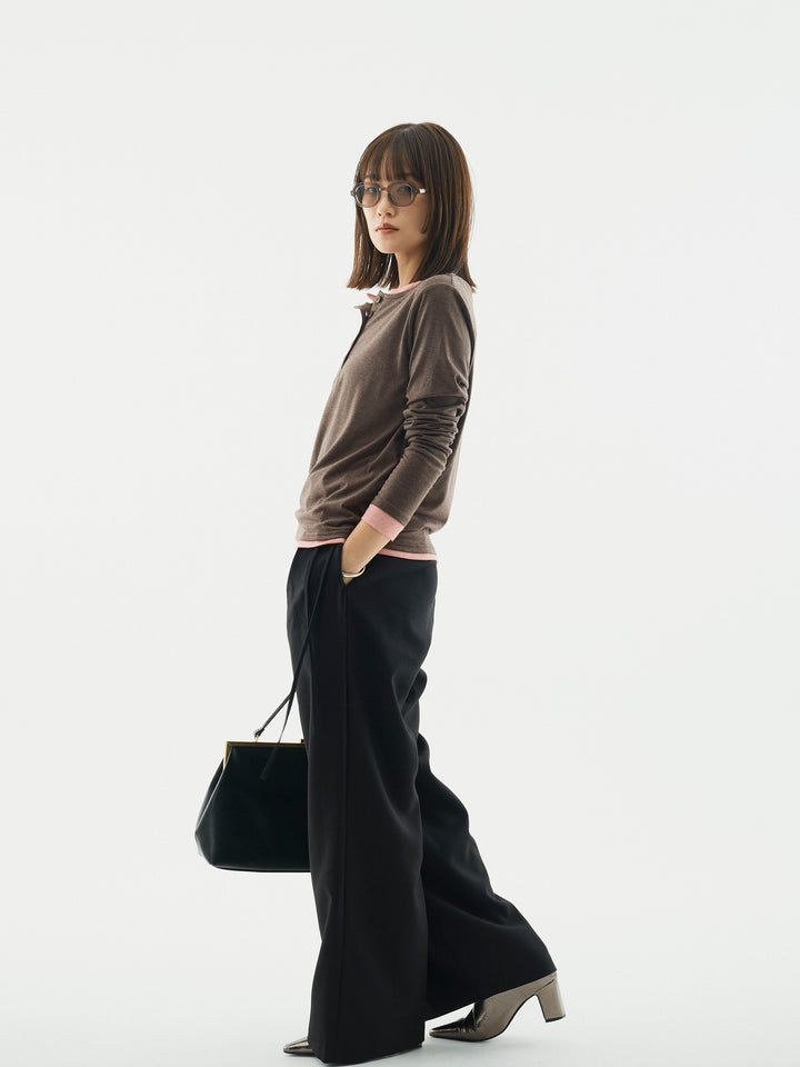 【Allure】[SET]配色レイヤードヘンリーネックトップス+ラップデザインタックワイドパンツ(2set)