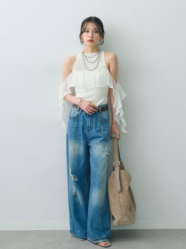 [SET]シフォンフリルドッキングノースリニットトップス+シフォンフリルドッキングノースリニットトップス(2set)