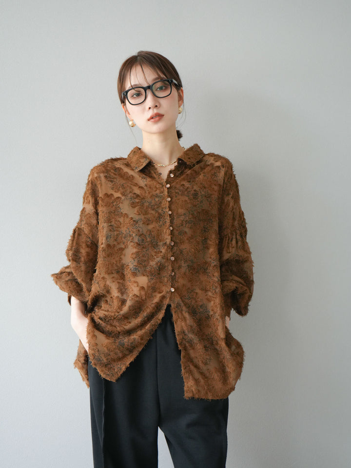 [予約]ニュアンスフリンジジャガードボリュームスリーブブラウス/ブラウン