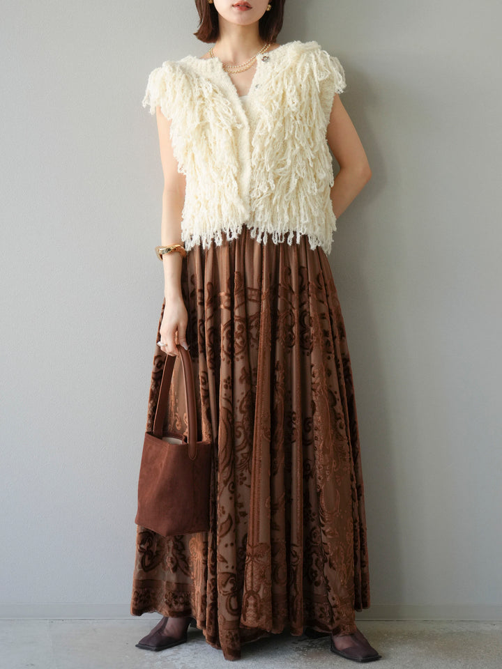 [予約]アンティーク柄フロッキーマキシスカート/ブラウン