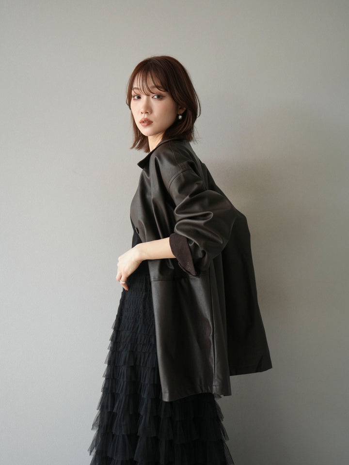 [予約]コーデュロイ襟レザーステンカラージャケット/ブラウン