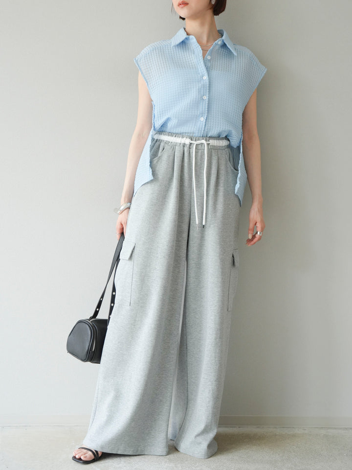 [SET]シアーチェックノースリーブシャツ+ウエストラインサイドポケットスウェットパンツ(2set)