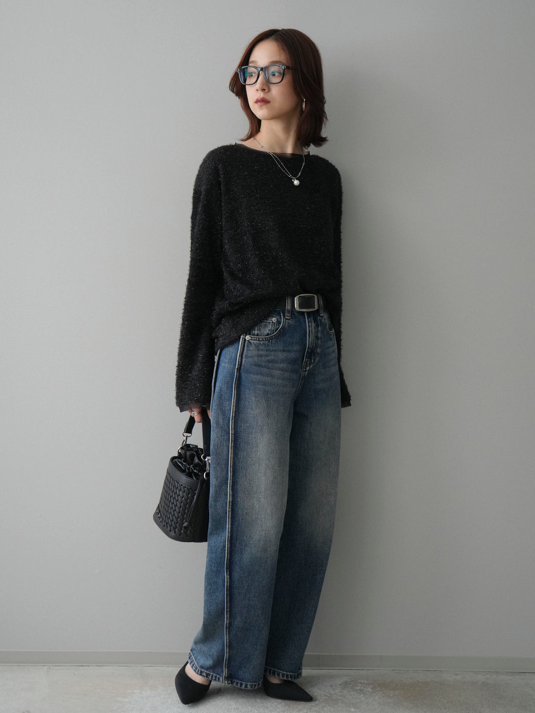 [SET]ラメシャギートップス+サイド切替カーブデニムパンツ(2set)