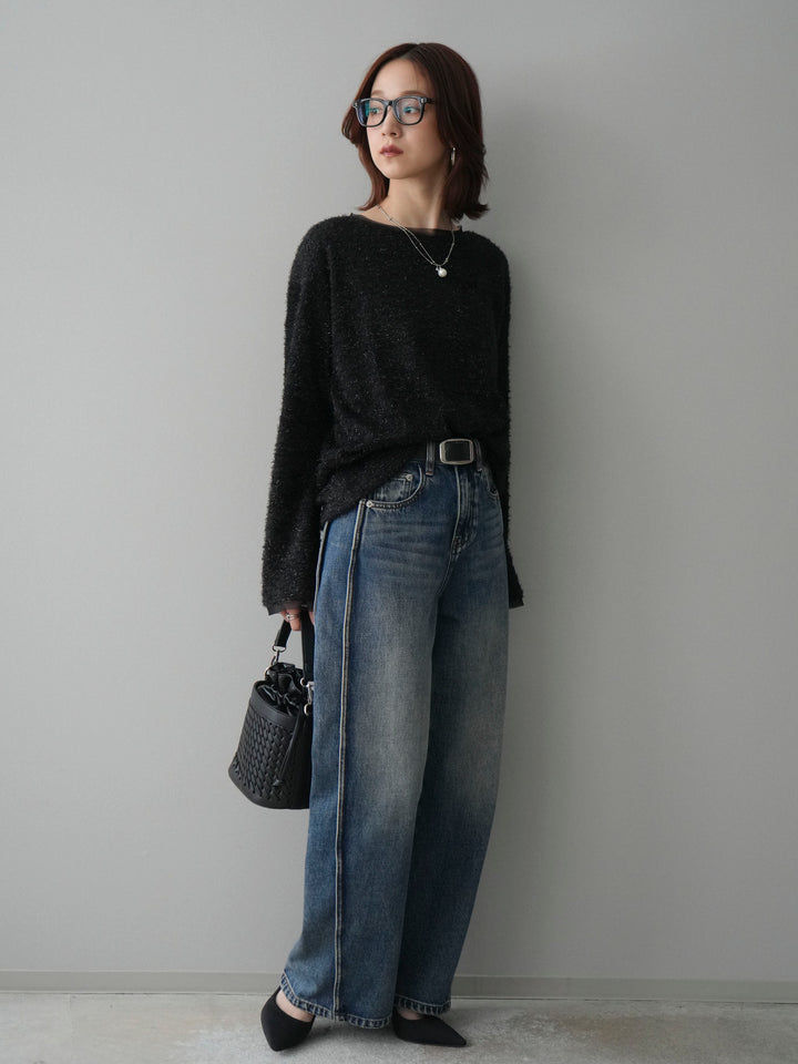 [SET]ラメシャギートップス+サイド切替カーブデニムパンツ(2set)