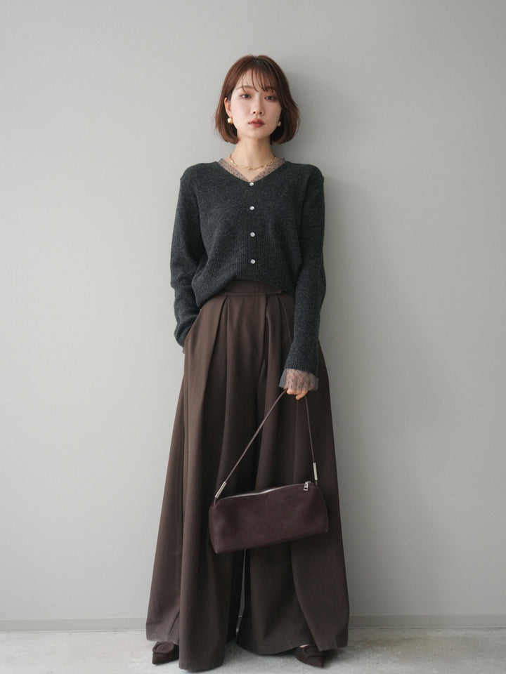 [SET]ドットチュールレイヤードボタンニットトップス+テープベルトタックバギーパンツ(2set)