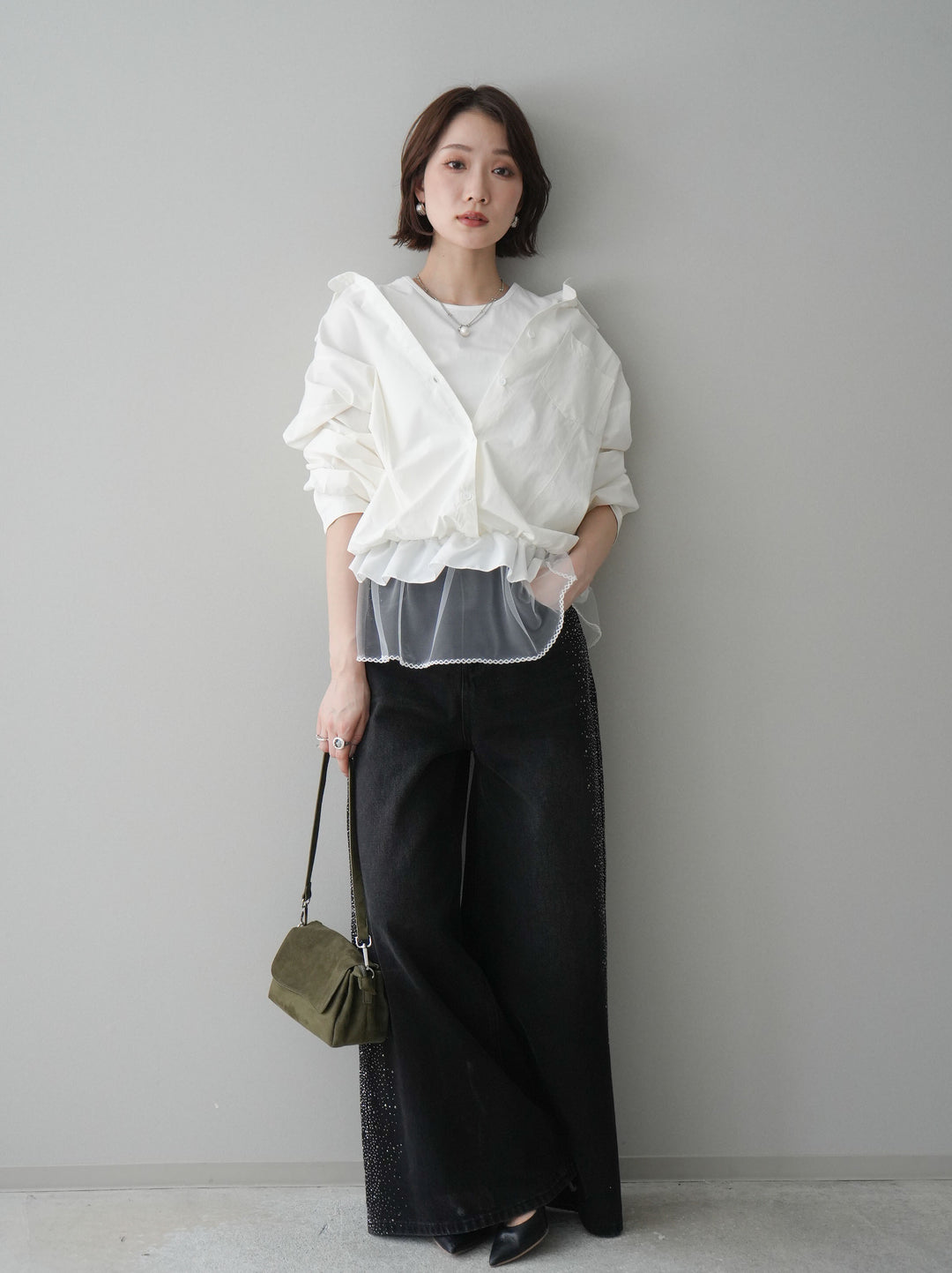 [予約]サイドビジューワイドデニムパンツ/black