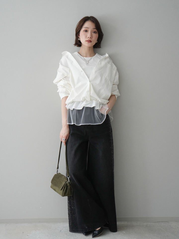 [予約]サイドビジューワイドデニムパンツ/black