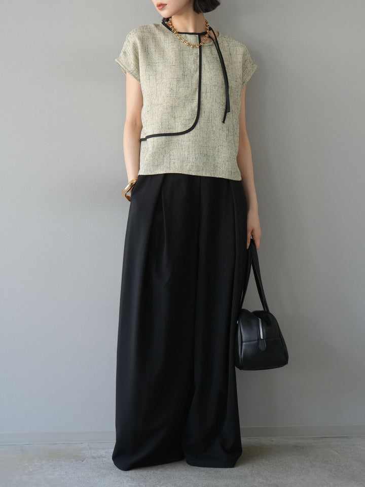 [SET]サマーツイードケープデザインプルオーバー+クレープシフォンタックワイドパンツ(2set)