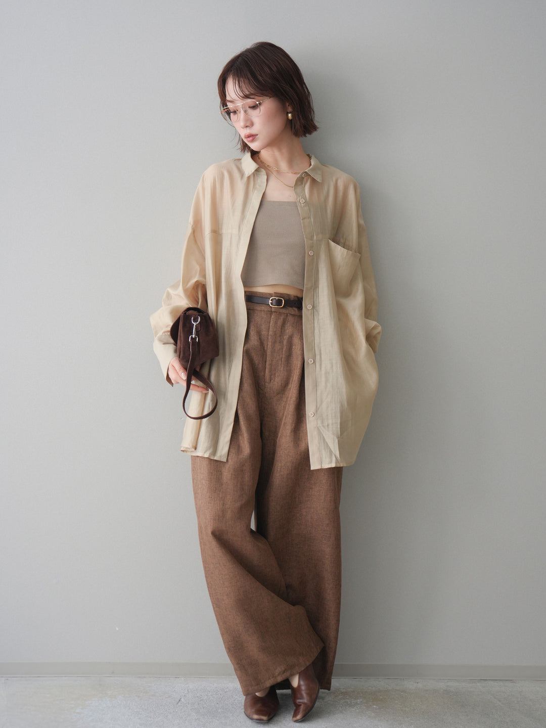 [予約]リネンライクタックワイドパンツ/brown