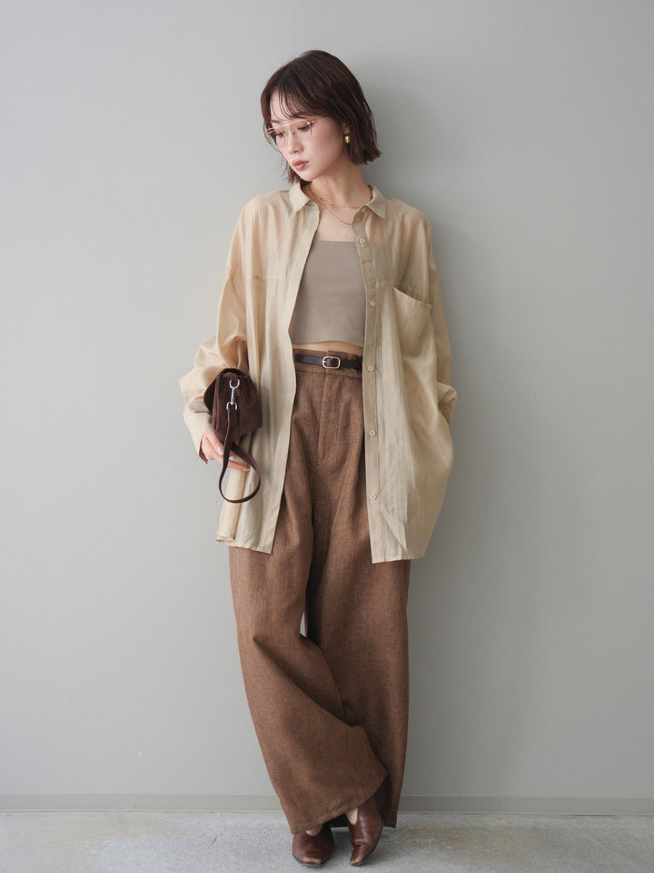 [予約]リネンライクタックワイドパンツ/brown