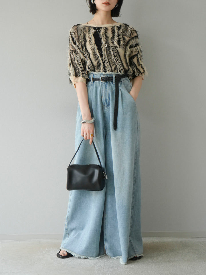 【預購】流蘇高腰寬牛仔褲/淺藍