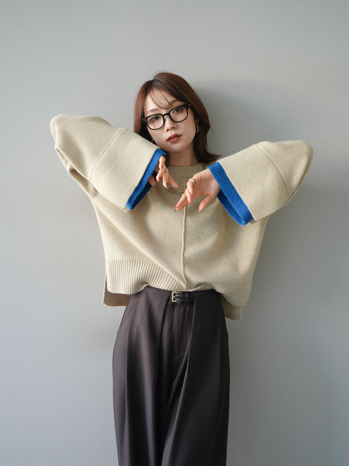 [予約]袖レイヤード配色ニットプルオーバー/ivory