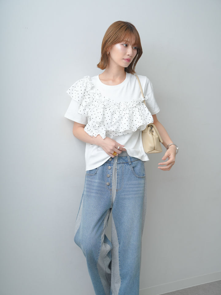 [SET]ドットギャザーフリルデザインTEE+デニム切替スウェットパンツ(2set)