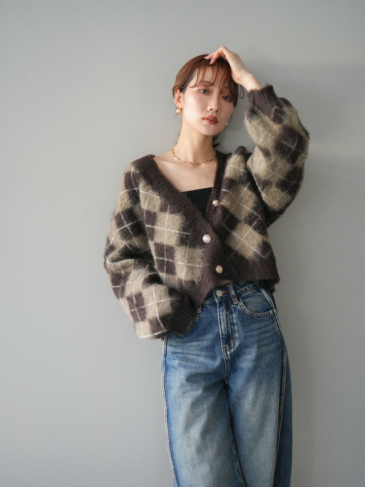 [予約]アーガイルシャギーニットカーディガン/brown